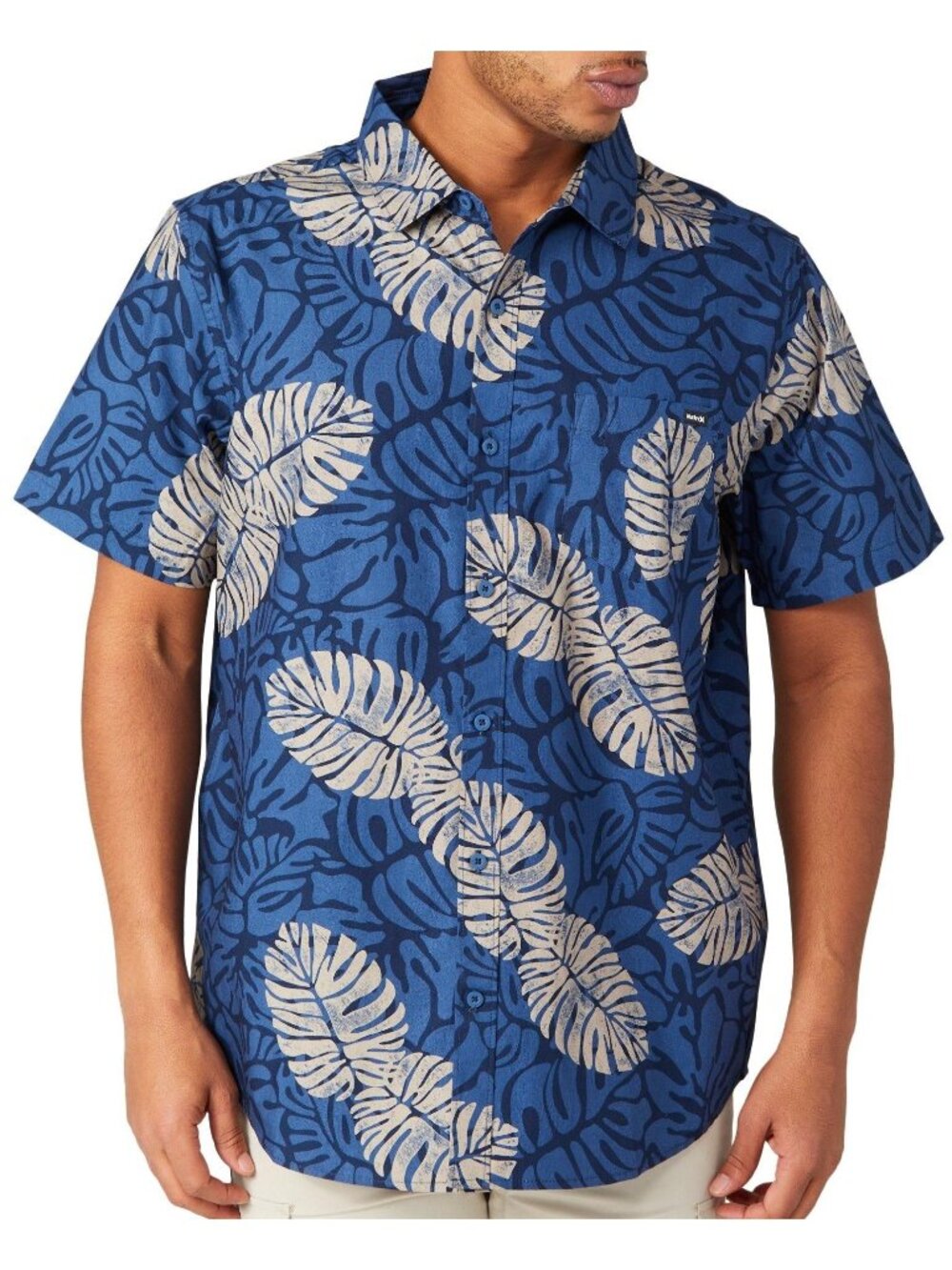 Hurley Mens Blue Leaf Print Short-Sleeve Button-Up Shirt S